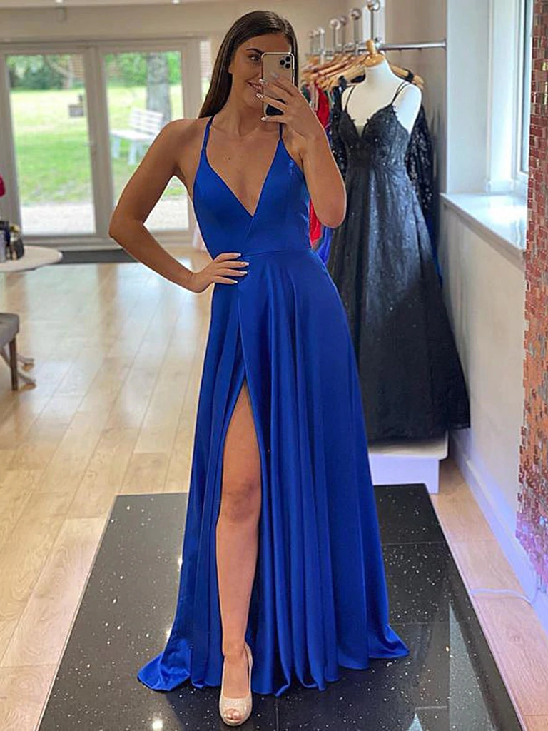 Find the Latest A Line V Neck Light Blue Royal Blue Prom Dresses, Blue ...